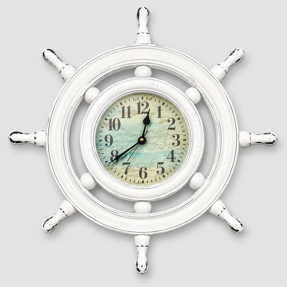 Nautical Ship Wheel Wall Clock Distressed White Coastal Decor 13 Inch Quartz